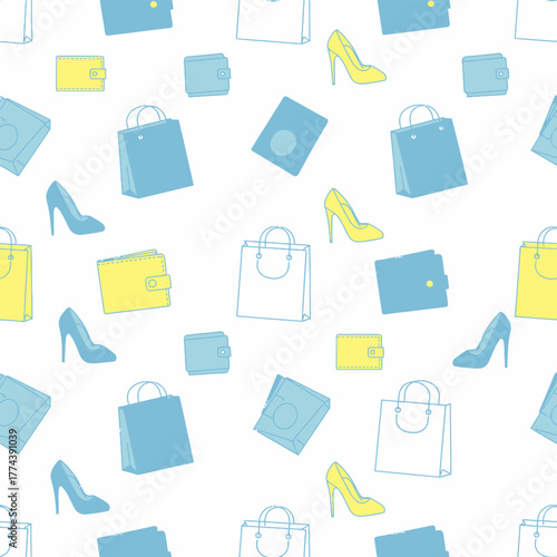 Seamless Pattern of Fashion Accessories and Shopping Bags.