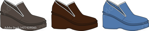 Collection of three wedge shoes in different colors brown, dark brown, and blue