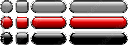 Multicolored buttons  isolated with metallic chrome elements, shiny navigation panel for website.