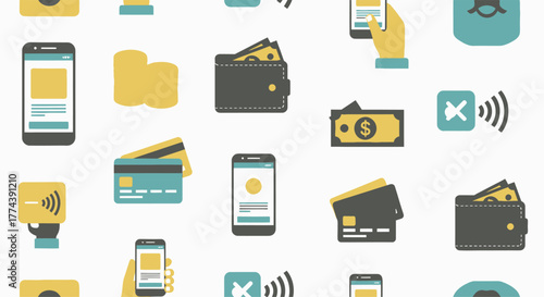 Digital payment icons representing financial transactions and mobile wallets.