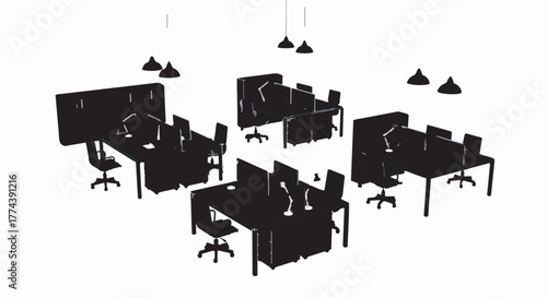 Modern open-plan office space with minimalist workstations and hanging lights