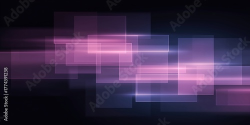 Abstract digital illustration featuring overlapping translucent rectangles in shades of pink and purple, creating a sense of motion and depth against a dark background, ideal for modern design 
