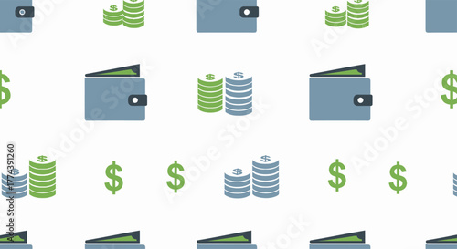 Seamless pattern of wallets coins and dollar signs representing finance.