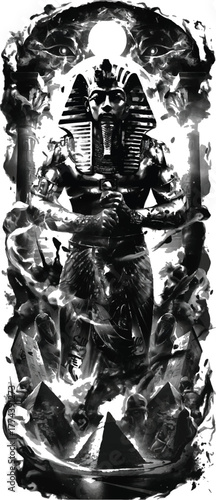 Ancient Pharaoh's Majesty: A captivating illustration of an ancient pharaoh in all his regal splendor. This monochromatic artwork highlights the pharaoh's commanding presence.