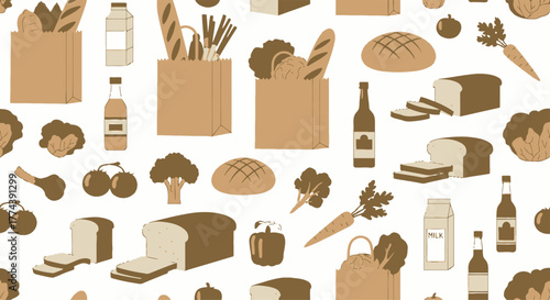 Seamless Pattern of Groceries - Bread, Vegetables, and Dairy.