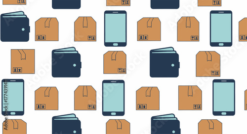 Seamless Pattern of Wallets, Boxes, and Smartphones for E-commerce.