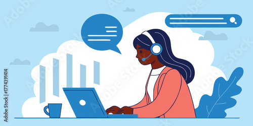 Friendly customer support professional assisting clients online, offering helpdesk solutions and technical assistance with modern communication tools