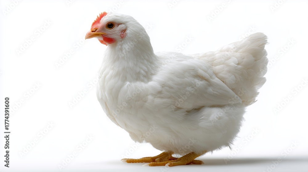 Fototapeta premium White chicken standing confidently on a plain background in bright light