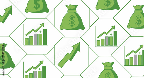 Financial growth and wealth accumulation represented by money bags and charts.