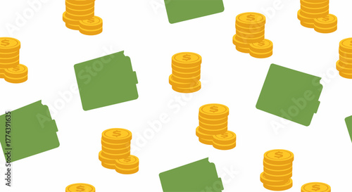 Stacks of Gold Coins and Green Folders Seamless Pattern.