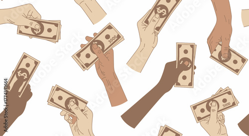 Diverse Hands Holding Money Bills Seamless Pattern.