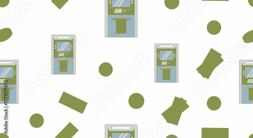Seamless Pattern of ATMs, Money, and Coins on White Background.