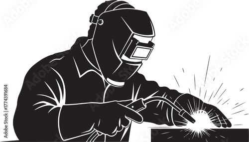 "Welder Silhouette Vector – Worker with Protective Mask and Sparks, Industrial Craft and Metalwork Concept, Minimal Black Illustration on White Background"