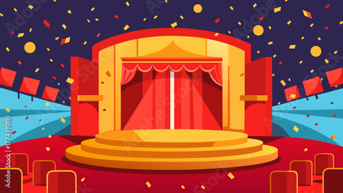 Brightly lit stage with red curtains and golden podium surrounded by confetti