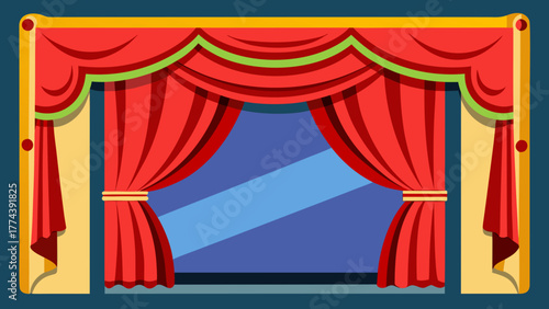 Red theater curtains open to a blue screen background