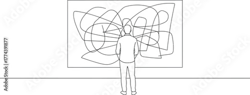 Minimalist Line Drawing of Person Viewing Abstract Art in Gallery