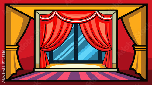 Theatrical stage with red curtains and a window view