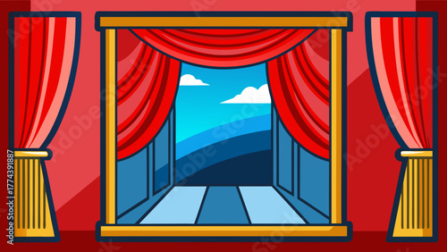 Red theater curtains open to reveal a bright blue sky and rolling hills