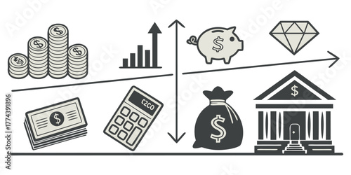 Financial growth concept with piggy bank, coins, calculator, chart, diamond, bank and money bag representing wealth management and investment success