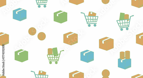 Seamless Pattern of Shopping Carts and Boxes for E-commerce.