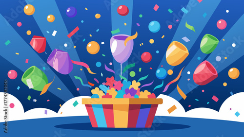 Celebration party with confetti balloons and colorful streamers