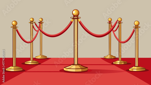 Golden stanchions with red velvet ropes on a red carpet