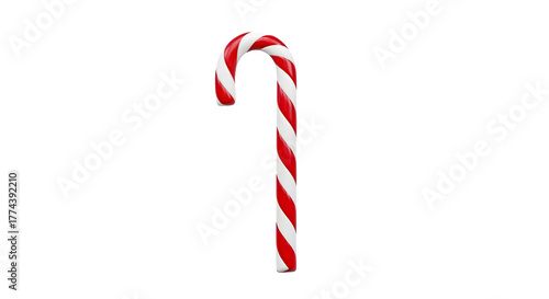 Red and white candy cane, sweet holiday treat, glossy, for festive backgrounds, product photography, and seasonal social media.