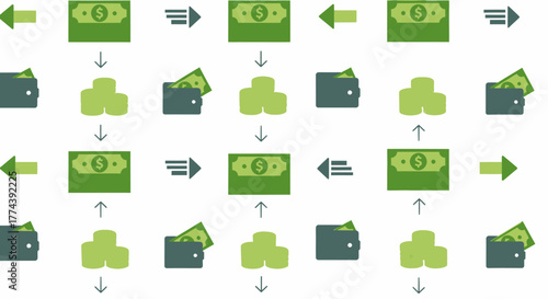 Financial transactions and money flow between wallets and currency.