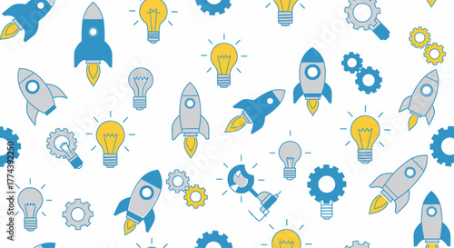 Seamless pattern with rockets, light bulbs, and gears symbolizing innovation and progress.