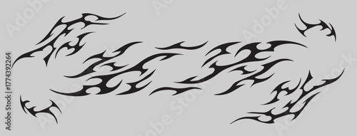 Neo tribal vector art pack. Y2k cyber sigil aesthetic tattoo, simmetric ethnic celtic shape. Vector illustration of emo gothic tribal tattoo designs, acid metal music poster