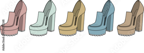 A stylish array of high-heeled platform shoes in various pastel shades, presenting a modern footwear collection with diverse color palettes for fashion-forward elegance and trendy appeal