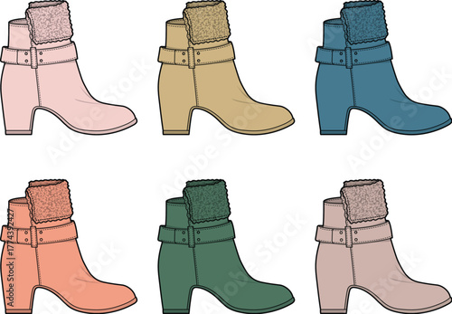 A vibrant set of women's heeled ankle boots with shearling cuffs and buckle straps, a colorful fashion footwear collection concept