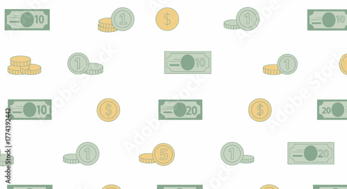 Seamless Pattern of Money - Coins and Banknotes Illustration.