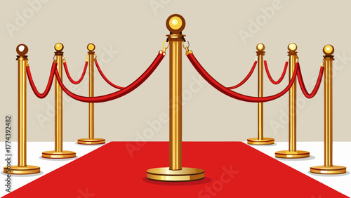 Golden stanchions and red velvet rope on a red carpet
