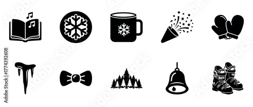 Winter symbols: music, snowflakes, mug, mittens, icicle, bow, trees, bell, skis