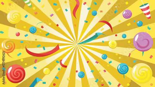 Bright yellow party background with confetti and lollipops