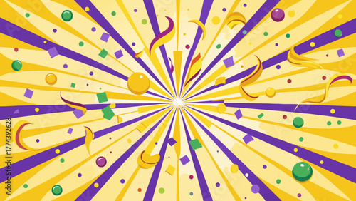 Celebration background with purple and yellow rays and confetti