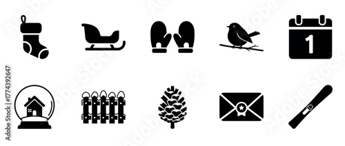 Festive icon set: stocking, sleigh, mittens, bird, calendar, snow globe, fence, pinecone, envelope, scroll