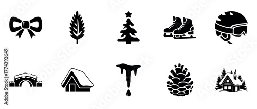 Winter icons: bow, tree, skates, helmet, bridge, cabin, icicle, pinecone, snowy chalet