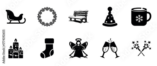 Festive winter icons: sleigh, wreath, bench, hat, mug, candles, stocking, angel, glasses, sparklers