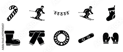 Winter sports and holiday icons: skiing, snowboarding, and festive symbols