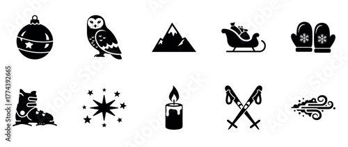 Set of winter and holiday icons featuring owl, candle, mittens, and sleigh