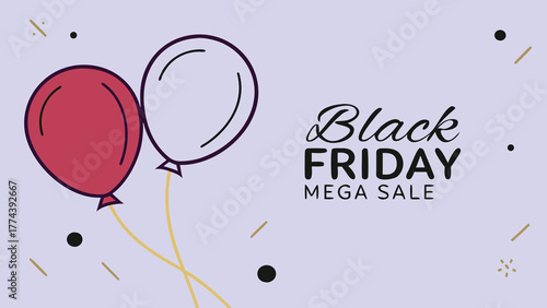 Black friday mega sale announcement with red and white balloons and confetti on light purple background