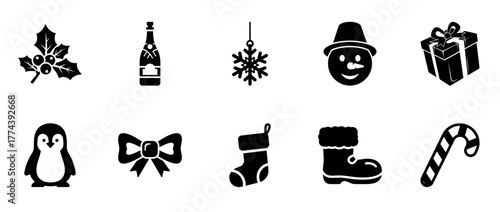 Christmas icon set: holiday symbols including penguin, snowflake, and gift