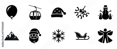 Winter holiday icons: balloon, cable car, santa hat, mistletoe, snowman, mountain, santa, snowflake, sleigh, angel