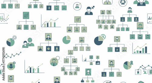Business organization charts and data analysis graphs on white background.