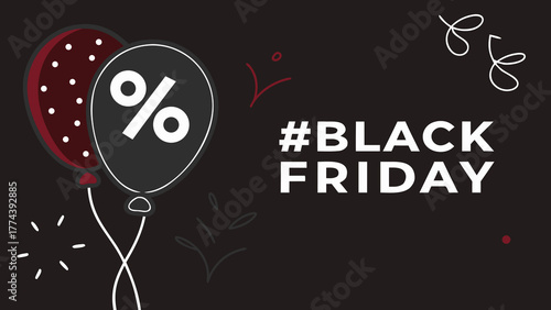Black friday sale announcement with percentage balloons and festive sparkles on dark background