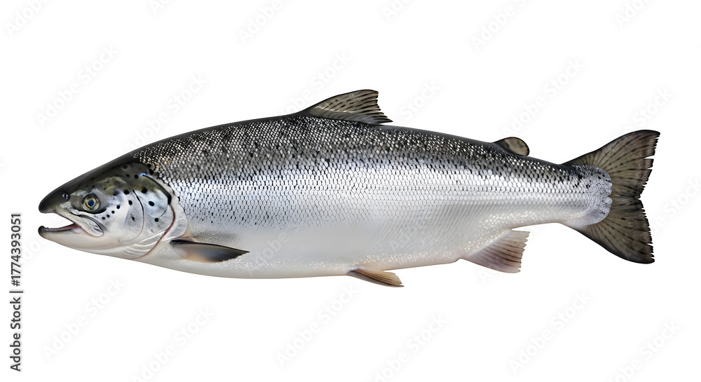 Naklejka premium Silver textured fish presents a detailed scaly surface against black. Ideal for aquaculture presentations, culinary publications, or educational materials.