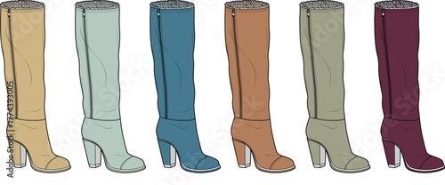 Collection of six knee-high boots in various colors and styles, showcasing footwear fashion