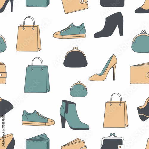 Fashion Accessories Pattern with Shoes Bags and Wallets.